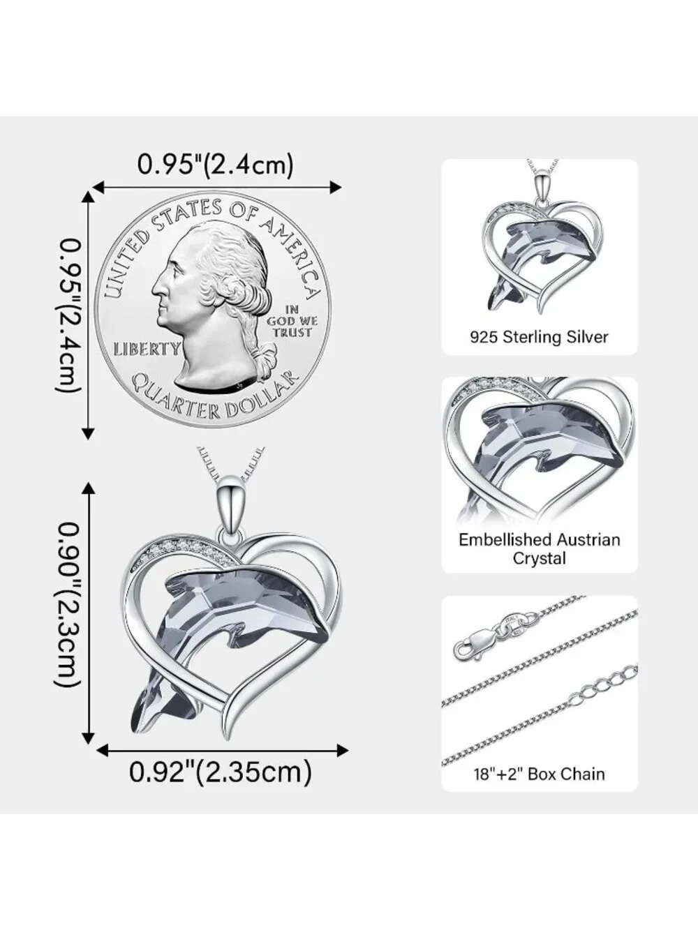 Women's Sterling Silver Heart Dolphin Pendant Beach Themed Crystal Necklace